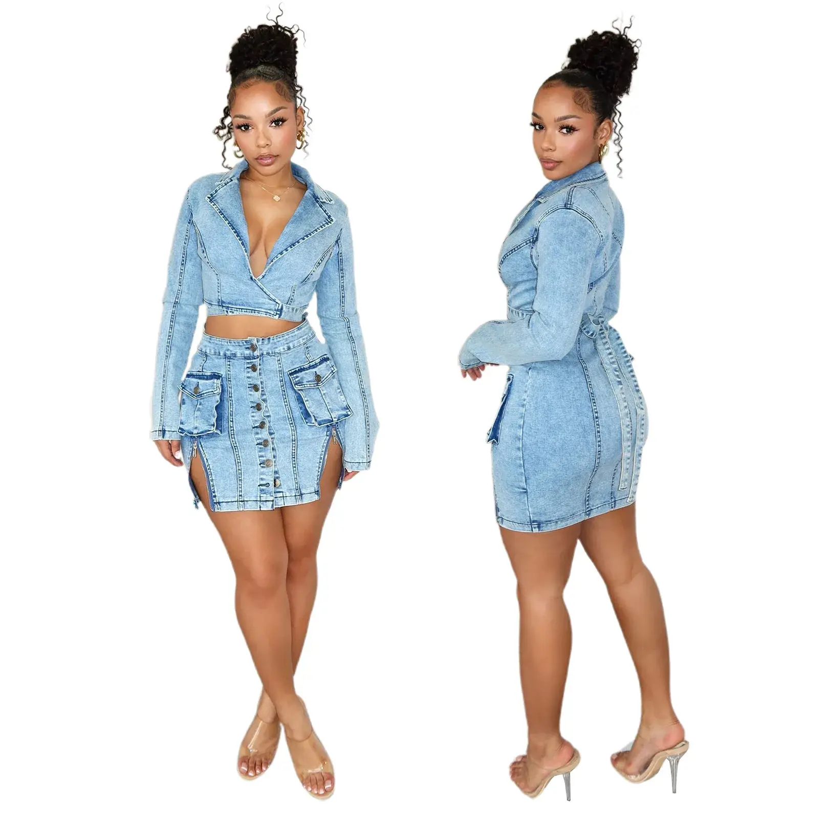 Denim Dresses Women Fake Two Pieces Sheath Dress Sexy Slim Distressed Lace Up Single Breasted Pockets Streetwear 2025 Vestidos
