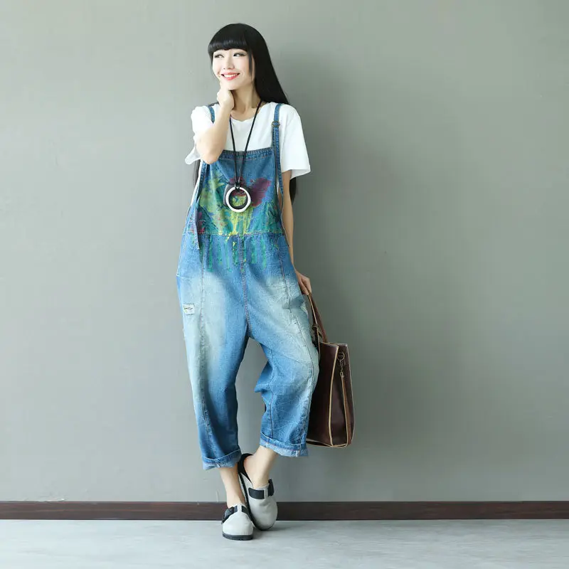 Suspenders Overalls Women Jumpsuits Denim One Piece Print Wide Leg Long Pants High Waist Rompers Y2k Streetwear Work Summer