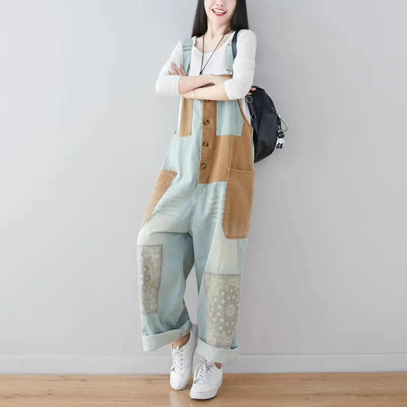 Jeans Wide Leg Denim Pants Women Ankle Length Overalls Washed Spliced Jean Pockets 2024 Casual Button Fly Loose Fit Summer