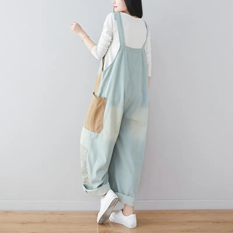 Jeans Wide Leg Denim Pants Women Ankle Length Overalls Washed Spliced Jean Pockets 2024 Casual Button Fly Loose Fit Summer