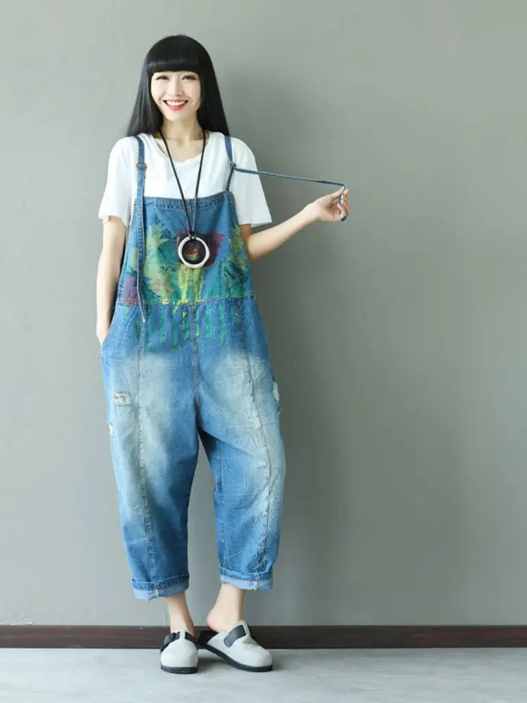 Suspenders Overalls Women Jumpsuits Denim One Piece Print Wide Leg Long Pants High Waist Rompers Y2k Streetwear Work Summer