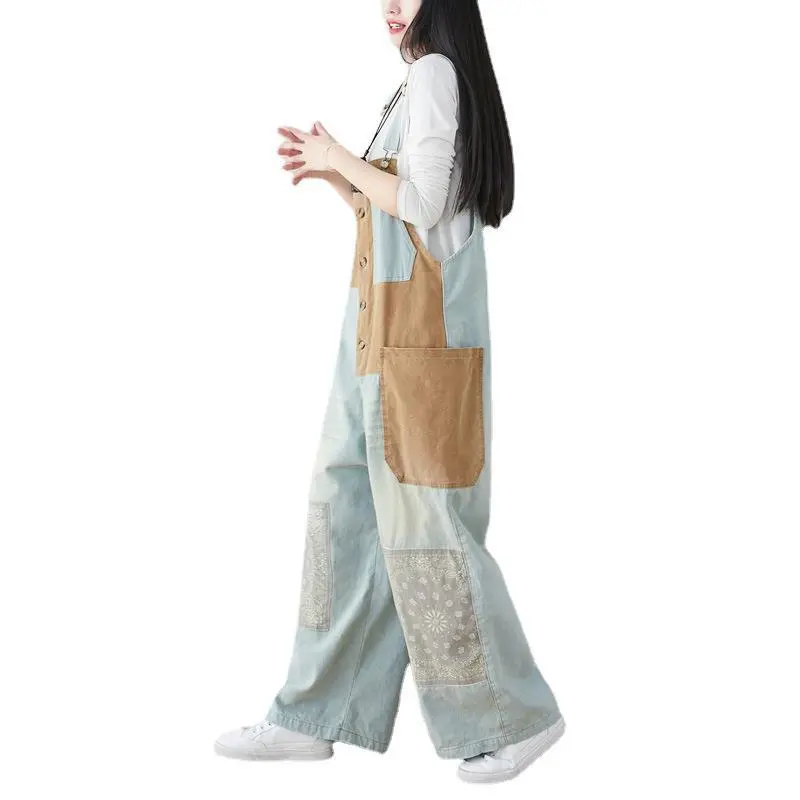 Jeans Wide Leg Denim Pants Women Ankle Length Overalls Washed Spliced Jean Pockets 2024 Casual Button Fly Loose Fit Summer