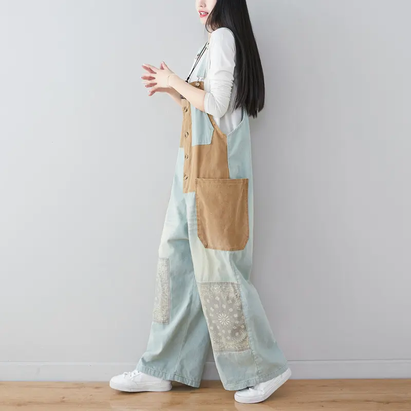 Jeans Wide Leg Denim Pants Women Ankle Length Overalls Washed Spliced Jean Pockets 2024 Casual Button Fly Loose Fit Summer