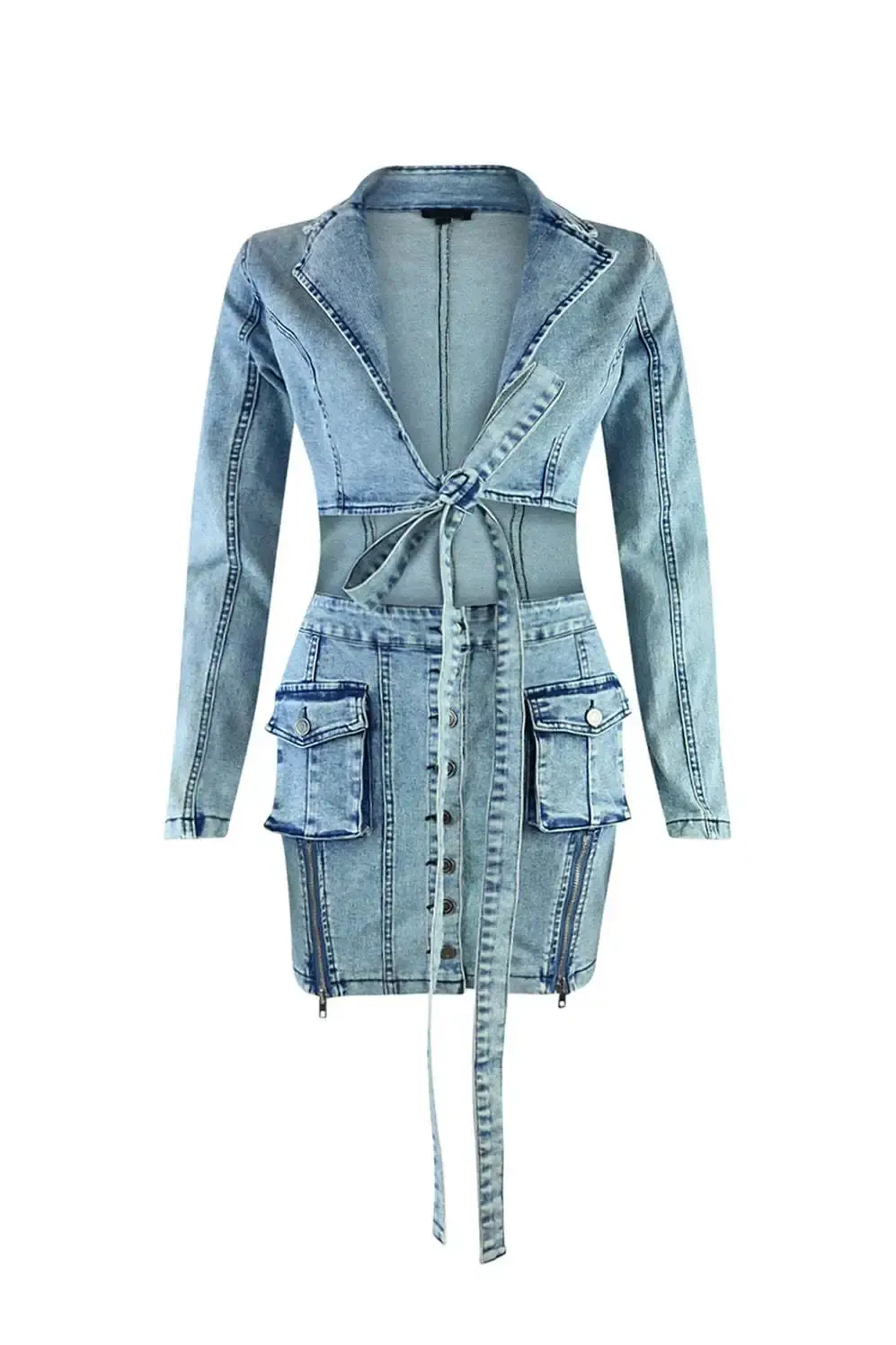 Denim Dresses Women Fake Two Pieces Sheath Dress Sexy Slim Distressed Lace Up Single Breasted Pockets Streetwear 2025 Vestidos