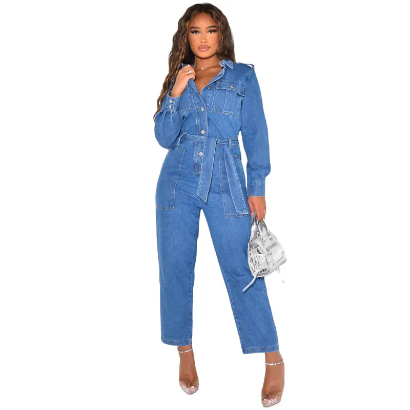 Jumpsuits Women Demin Overalls Long Pants One Piece Y2k Mom Jeans Lace Up High Waist Streetwear Single Breasted Rompers Spring
