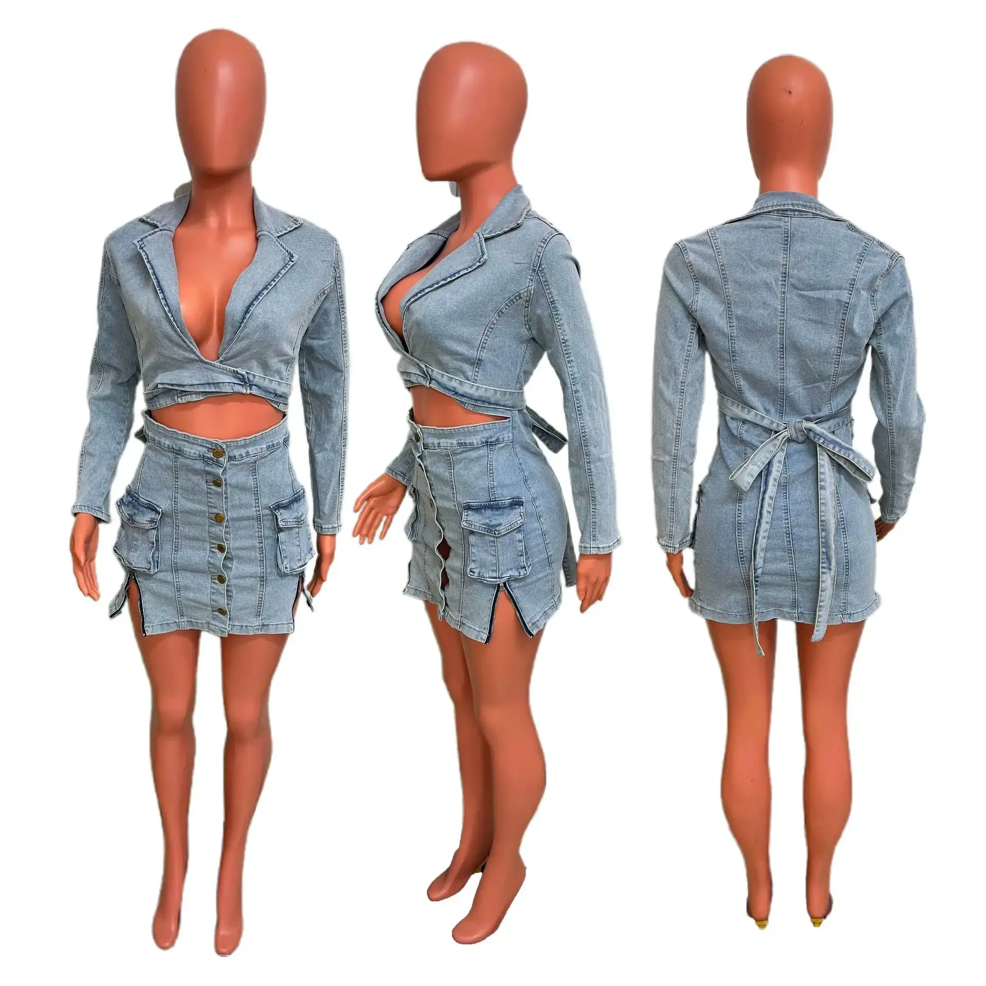 Denim Dresses Women Fake Two Pieces Sheath Dress Sexy Slim Distressed Lace Up Single Breasted Pockets Streetwear 2025 Vestidos