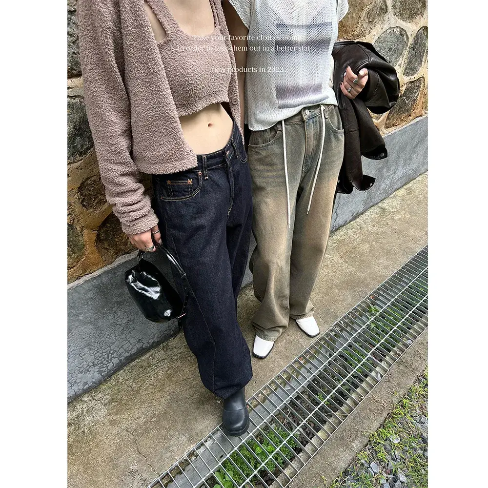 Jeans Women Wide Leg Pants Floor Length High Waist Washed Mom Distressed Pockets Streetwear 2025 Vintage Denim Loose Trousers