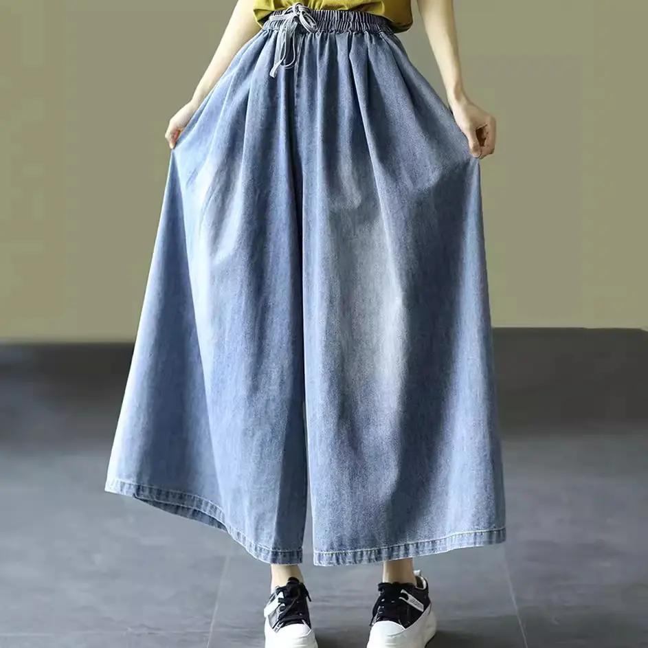 Denim Skirts Pants Women Long Pant A Line Streetwear Causal Loose Mom Jeans Elegant Splice Y2k Work High Waist Summer 2025