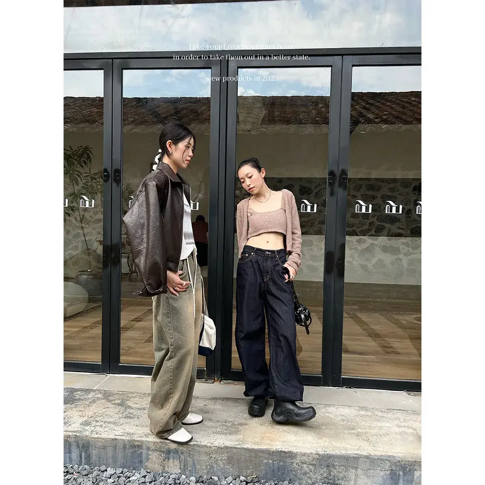Jeans Women Wide Leg Pants Floor Length High Waist Washed Mom Distressed Pockets Streetwear 2025 Vintage Denim Loose Trousers