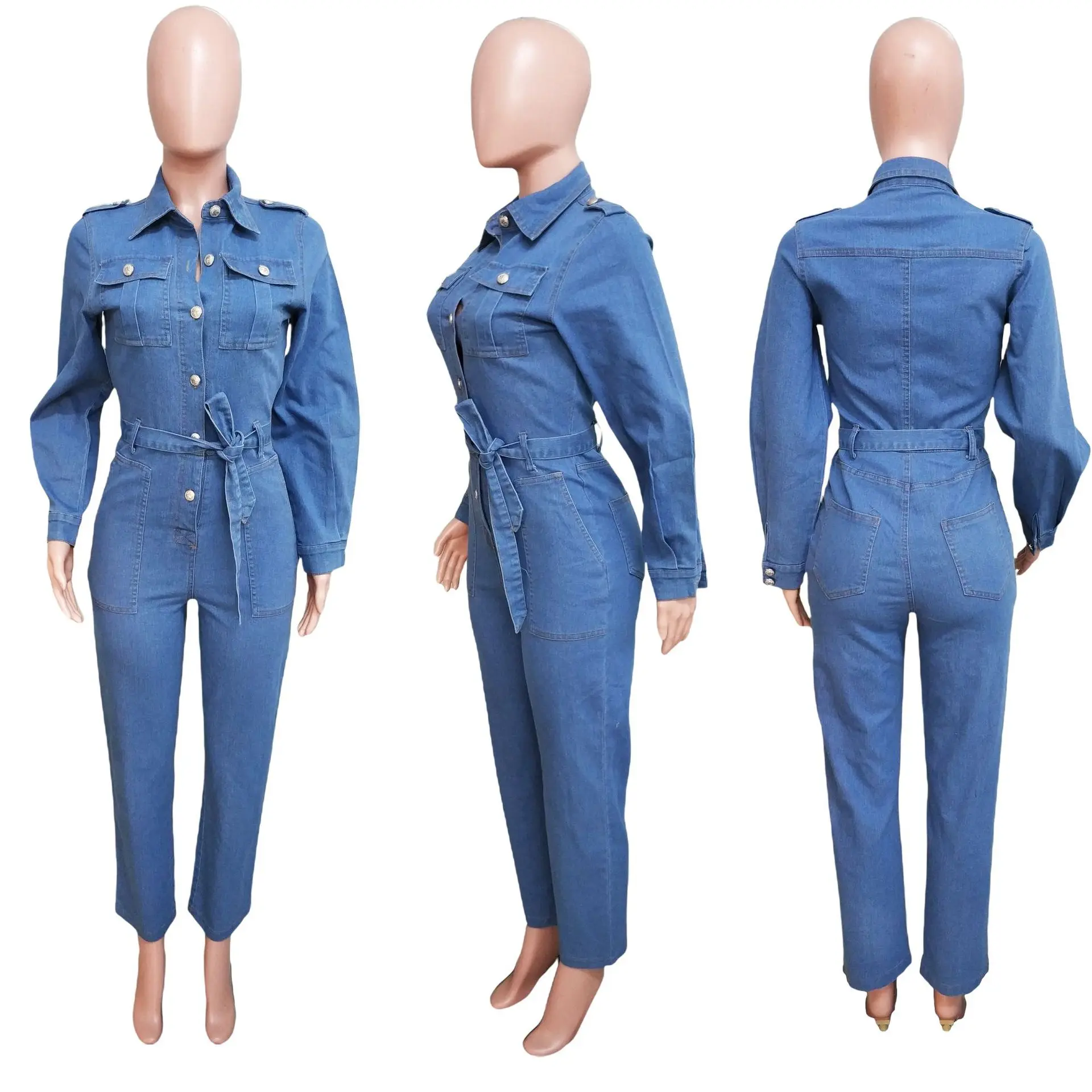 Jumpsuits Women Demin Overalls Long Pants One Piece Y2k Mom Jeans Lace Up High Waist Streetwear Single Breasted Rompers Spring
