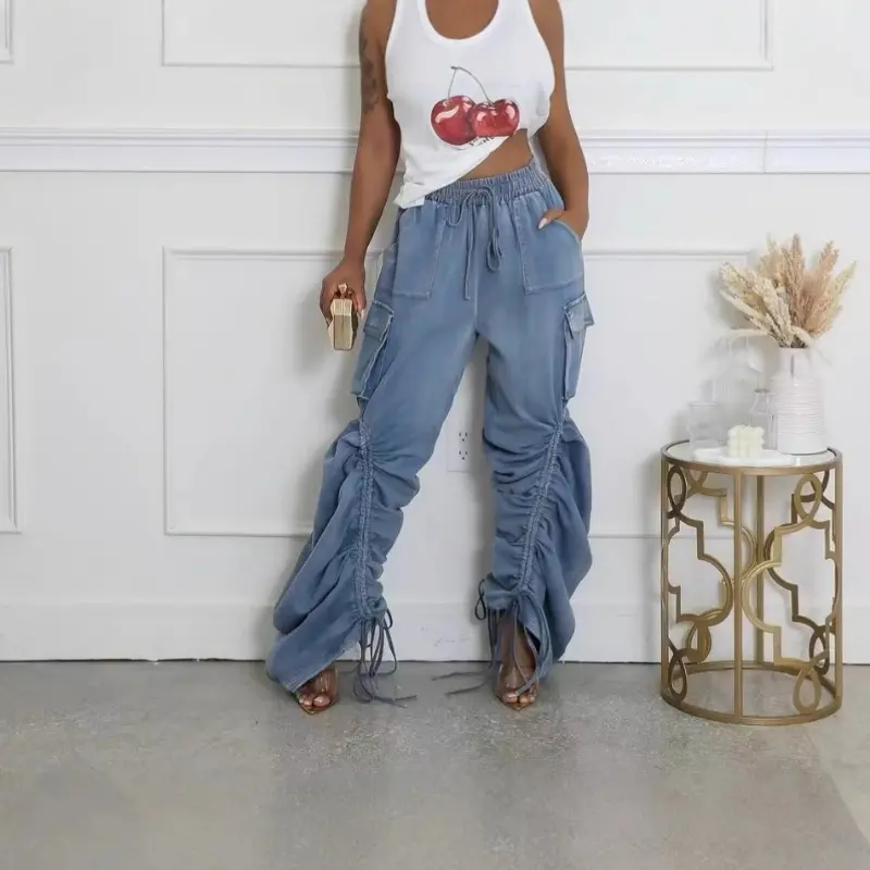Denim Pant Women Jeans Wide Leg Long Pants Straight Trousers Y2k Streetwear Elastic Waist Splice Drawstring Casual Punk 2025