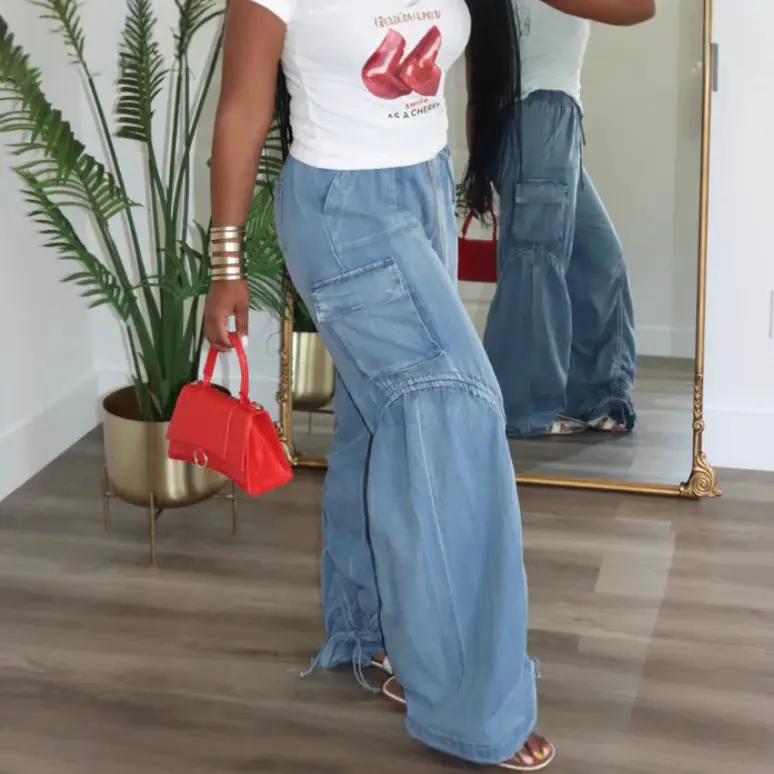 Denim Pant Women Jeans Wide Leg Long Pants Straight Trousers Y2k Streetwear Elastic Waist Splice Drawstring Casual Punk 2025
