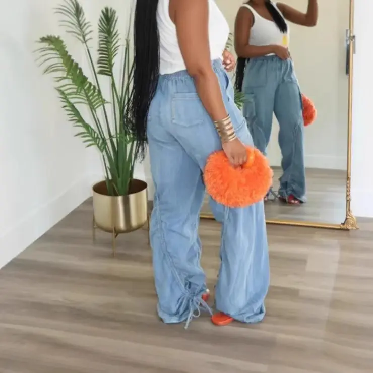 Denim Pant Women Jeans Wide Leg Long Pants Straight Trousers Y2k Streetwear Elastic Waist Splice Drawstring Casual Punk 2025