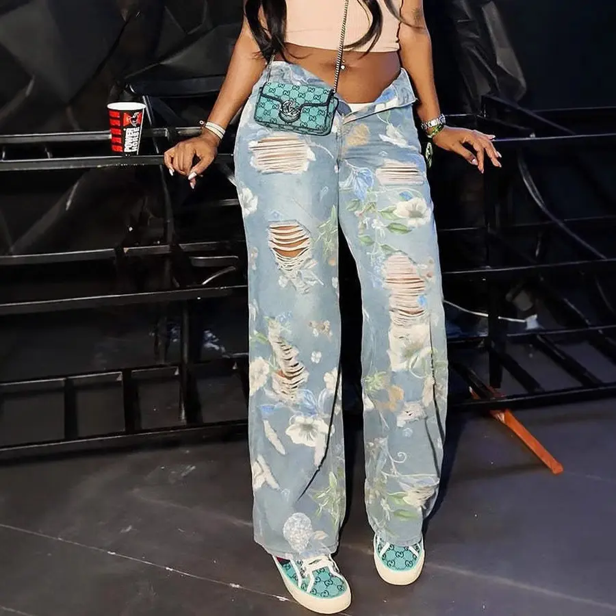 Women Hole Jeans Floral Print High Waist Trousers Denim Straight Pant Punk Loose Long 2025 Summer Y2k Streetwear Mom Jeans
