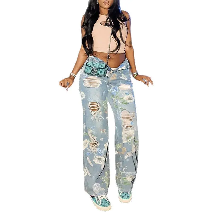Women Hole Jeans Floral Print High Waist Trousers Denim Straight Pant Punk Loose Long 2025 Summer Y2k Streetwear Mom Jeans
