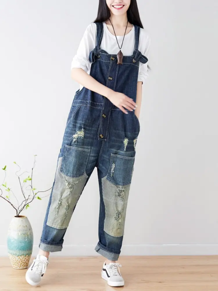 Suspenders Overalls Women Jumpsuits Denim One Piece Hole Wide Leg Long Pants High Waist Rompers Casual Y2k Streetwear Mom Jeans