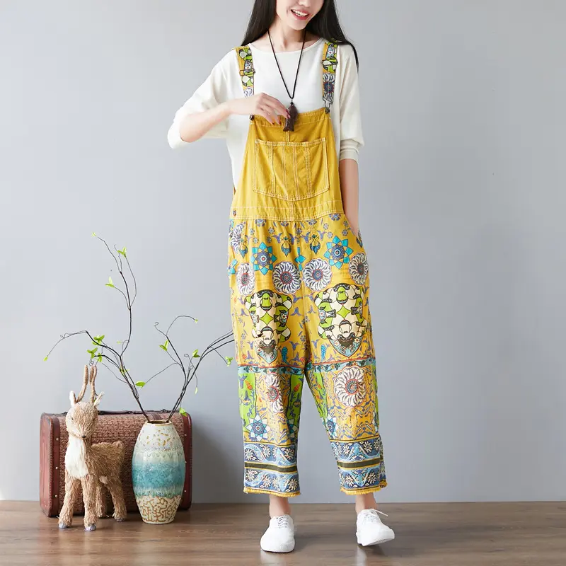 Suspenders Overalls Women Denim Jumpsuits Slim Mom Jeans One Piece Wide Leg Long Pants High Waist Rompers Y2k Streetwear Print
