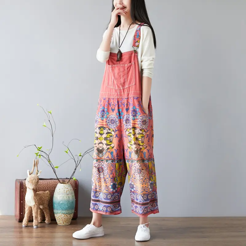 Suspenders Overalls Women Denim Jumpsuits Slim Mom Jeans One Piece Wide Leg Long Pants High Waist Rompers Y2k Streetwear Print