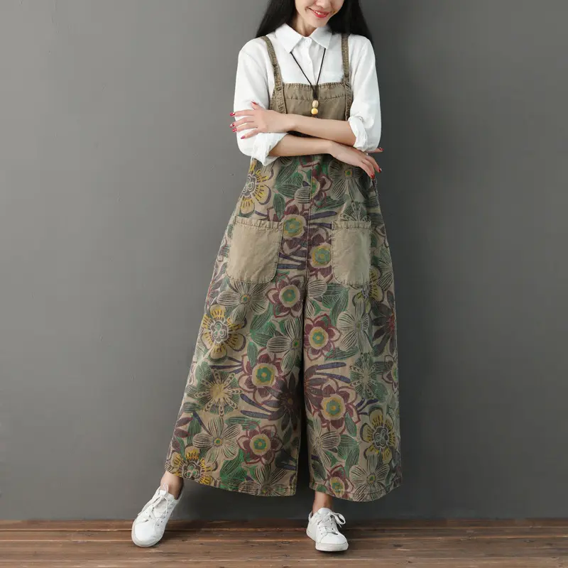 Jumpsuits Women Print One Piece Suspenders Overalls Wide Leg Long Pants High Waist Rompers Y2k Streetwear Work Elegant 2025