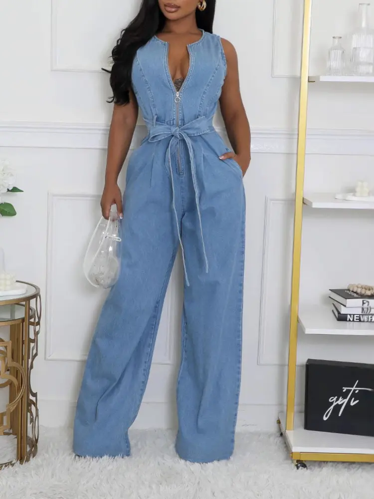 Demin Overalls Women Jumpsuits Wide Leg Pants One Piece Sleeveless Lace Up High Waist Rompers V Neck Y2k Streetwear Party