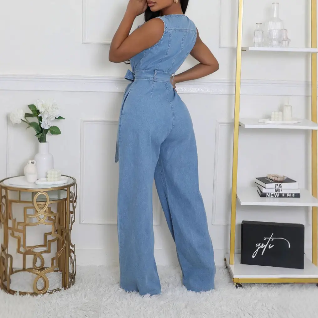 Demin Overalls Women Jumpsuits Wide Leg Pants One Piece Sleeveless Lace Up High Waist Rompers V Neck Y2k Streetwear Party