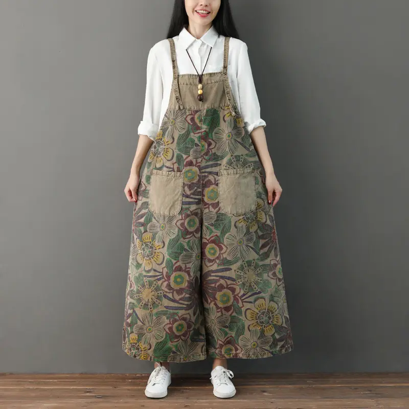 Jumpsuits Women Print One Piece Suspenders Overalls Wide Leg Long Pants High Waist Rompers Y2k Streetwear Work Elegant 2025
