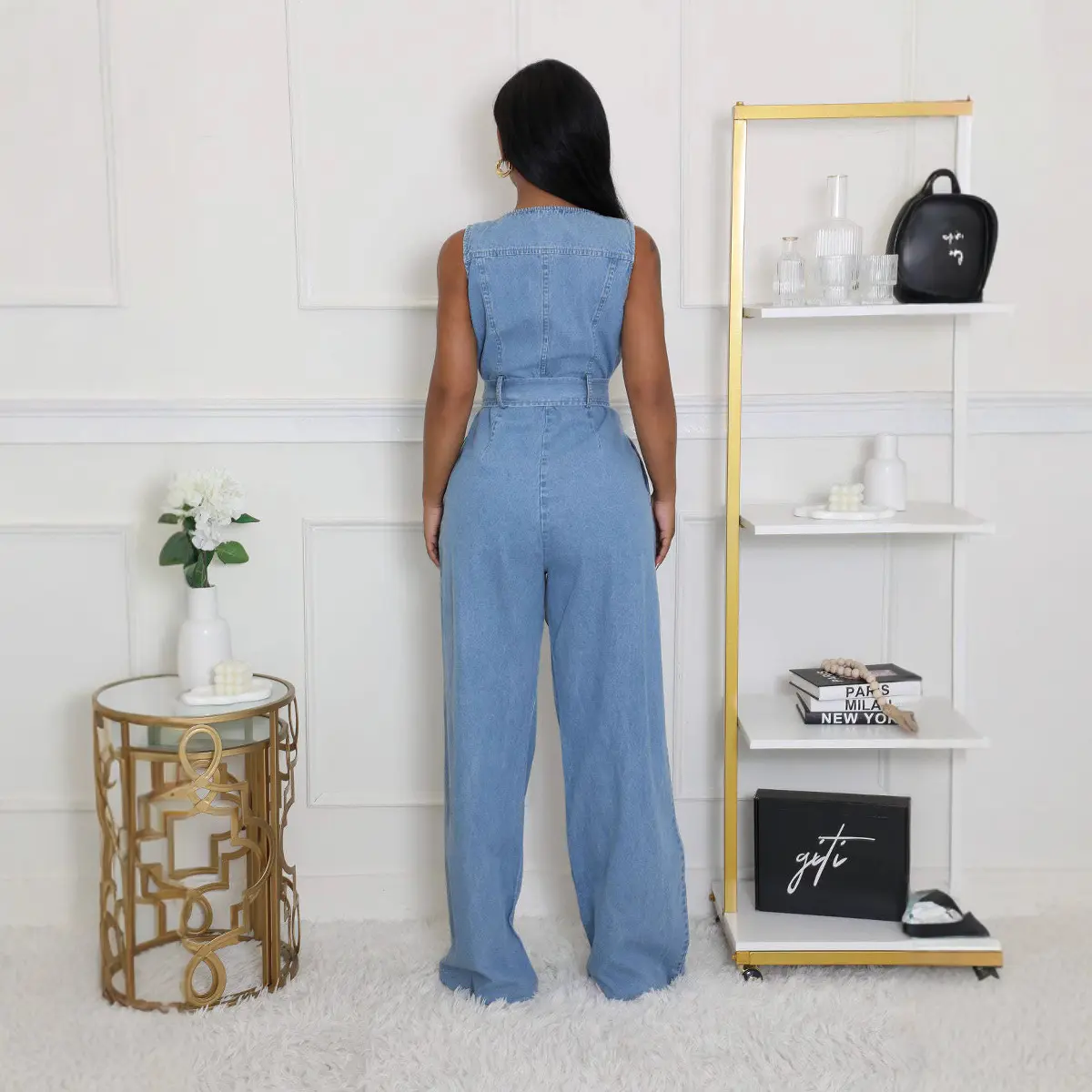 Demin Overalls Women Jumpsuits Wide Leg Pants One Piece Sleeveless Lace Up High Waist Rompers V Neck Y2k Streetwear Party