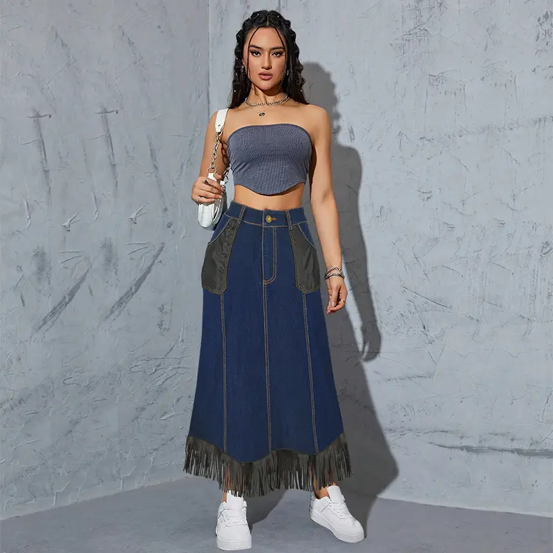 Long Skirts Women Tassel Denim Skirt Elegant Pu Leather Pockets Y2k Streetwear Party Club Slim Fit Maxi Casual 2025 Mom Jeans