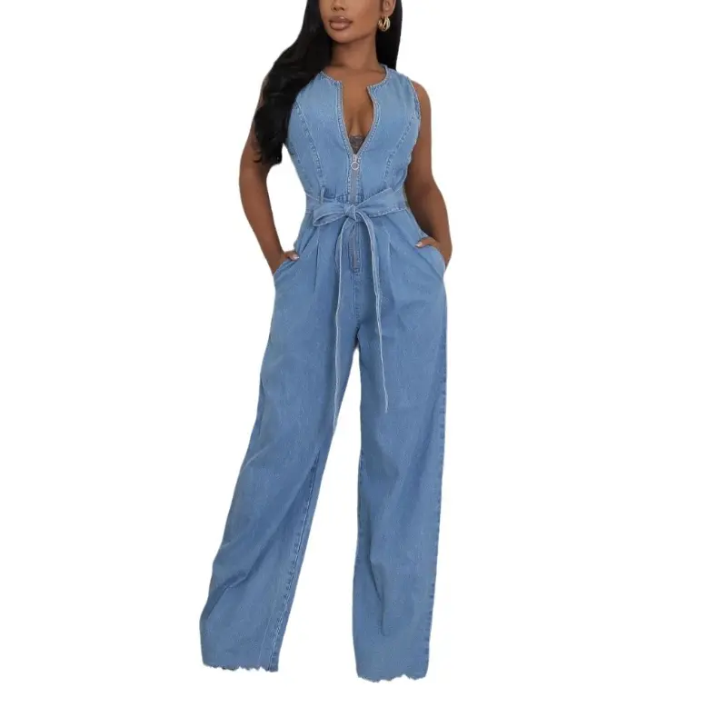 Demin Overalls Women Jumpsuits Wide Leg Pants One Piece Sleeveless Lace Up High Waist Rompers V Neck Y2k Streetwear Party