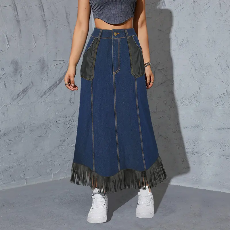 Long Skirts Women Tassel Denim Skirt Elegant Pu Leather Pockets Y2k Streetwear Party Club Slim Fit Maxi Casual 2025 Mom Jeans