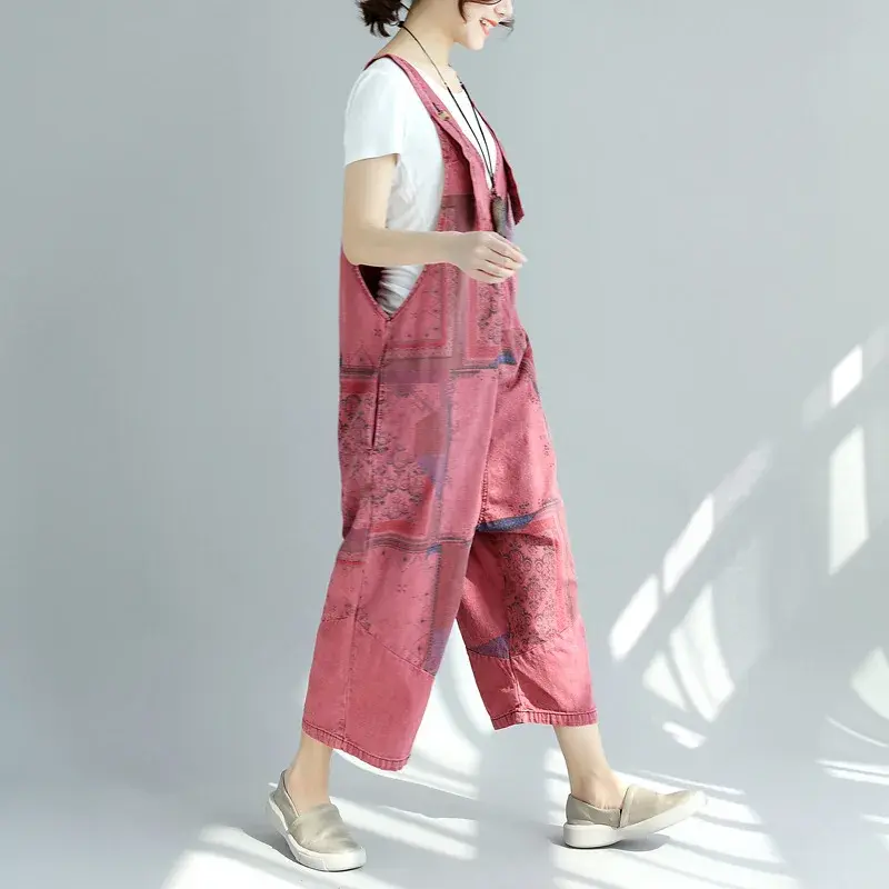 Jumpsuits Women Jeans Maxi Print Denim Ankle Length Pants Y2k Streetwear Overalls Wide Leg Jeans Pockets Low Waist Loose Rompers