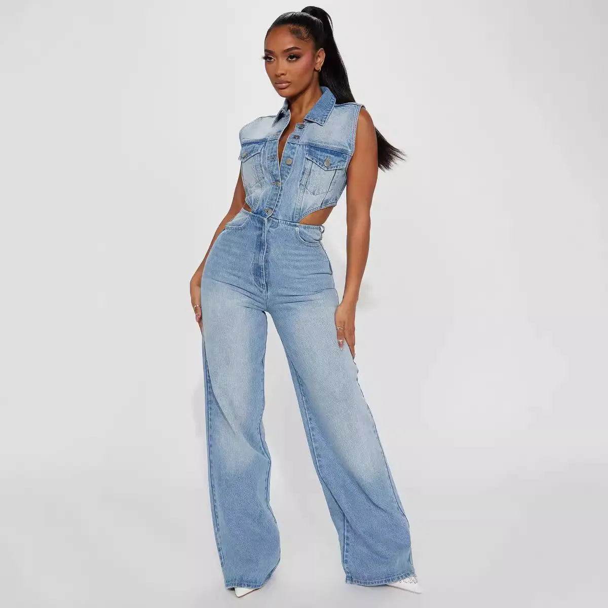 Demin Overalls Women Jumpsuits Sleeveless One Piece Long Pants Mom Jeans Y2k Blue High Waist Single Breasted Rompers Party Club