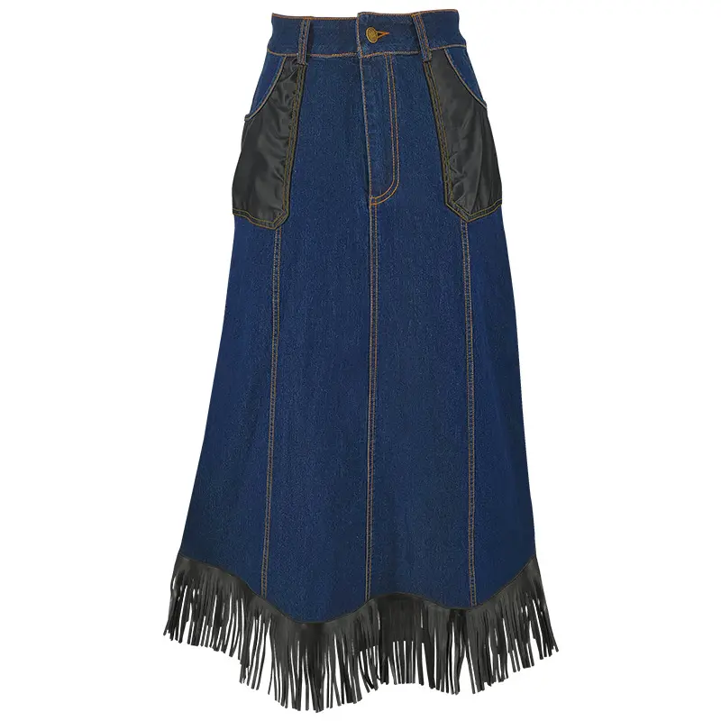 Long Skirts Women Tassel Denim Skirt Elegant Pu Leather Pockets Y2k Streetwear Party Club Slim Fit Maxi Casual 2025 Mom Jeans