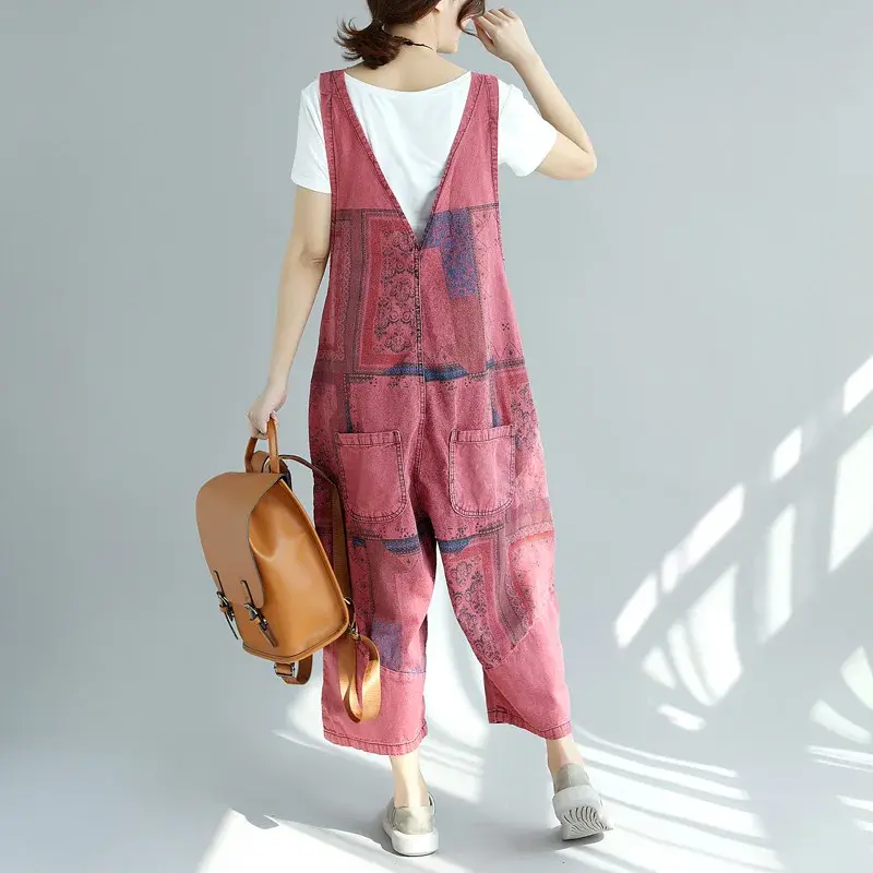 Jumpsuits Women Jeans Maxi Print Denim Ankle Length Pants Y2k Streetwear Overalls Wide Leg Jeans Pockets Low Waist Loose Rompers