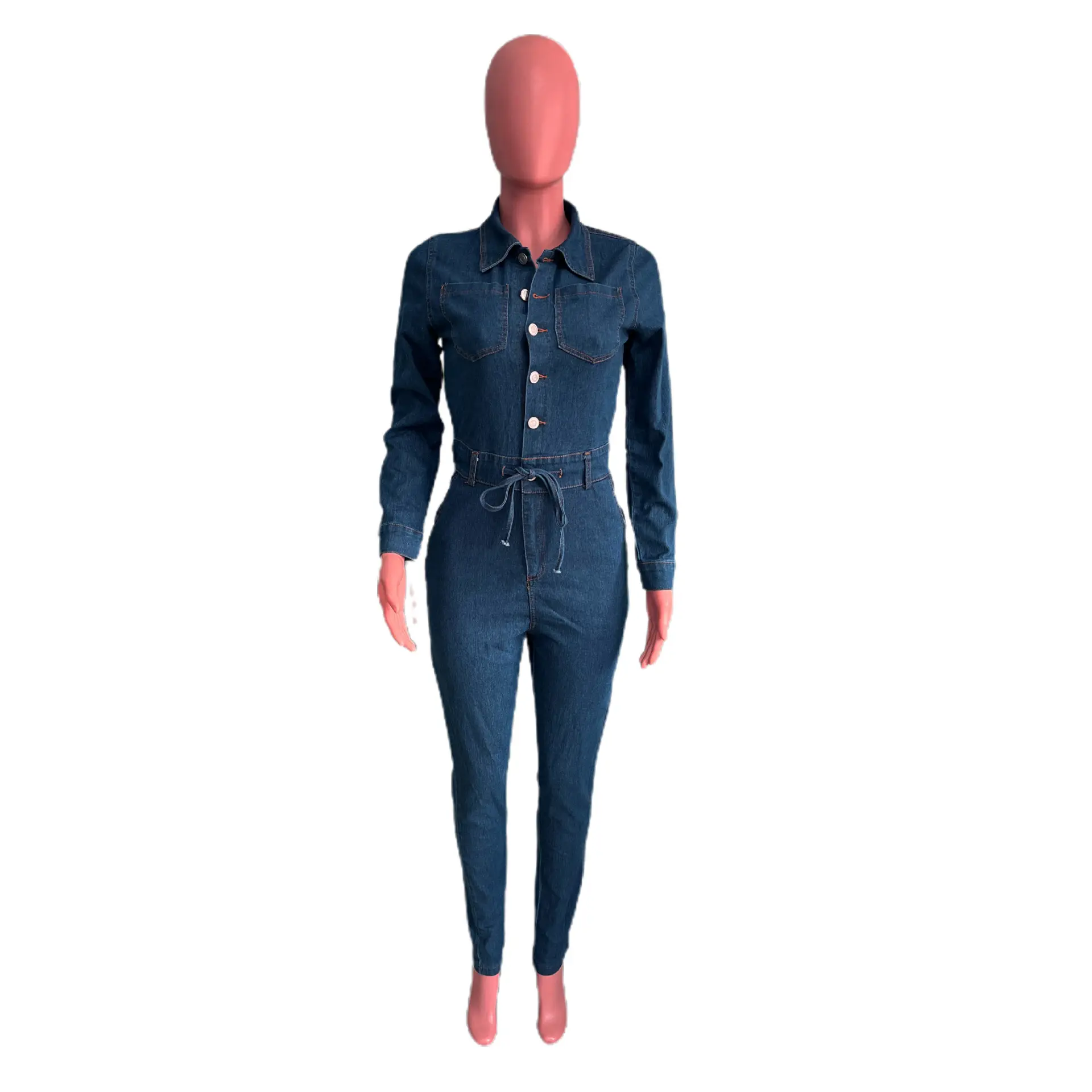 Demin Jumpsuits Women Overalls One Piece Long Pants Y2k Streetwear Slim Mom Jeans Rompers Turn Down Collar High Waist Party Club