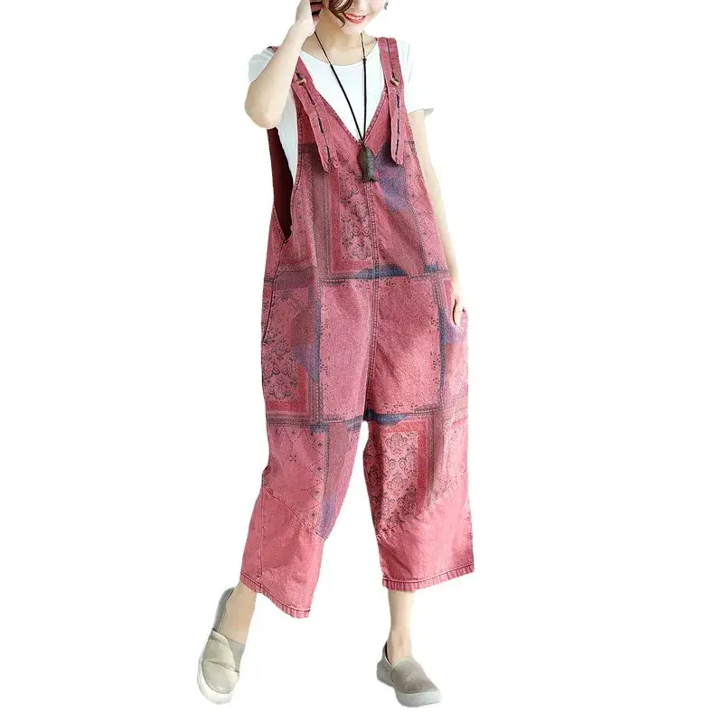 Jumpsuits Women Jeans Maxi Print Denim Ankle Length Pants Y2k Streetwear Overalls Wide Leg Jeans Pockets Low Waist Loose Rompers
