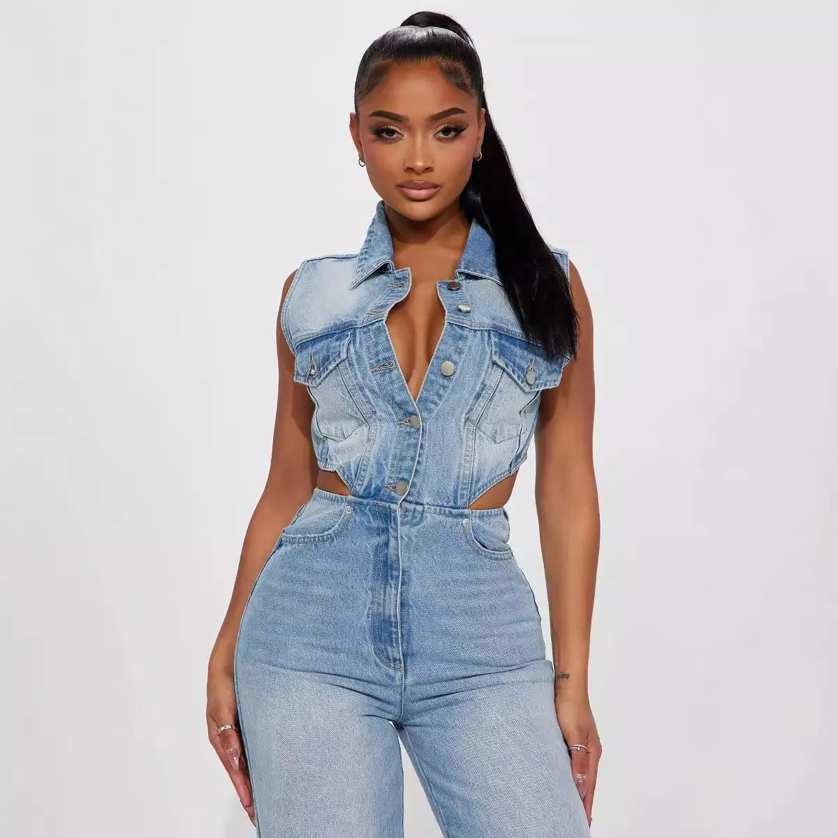 Demin Overalls Women Jumpsuits Sleeveless One Piece Long Pants Mom Jeans Y2k Blue High Waist Single Breasted Rompers Party Club