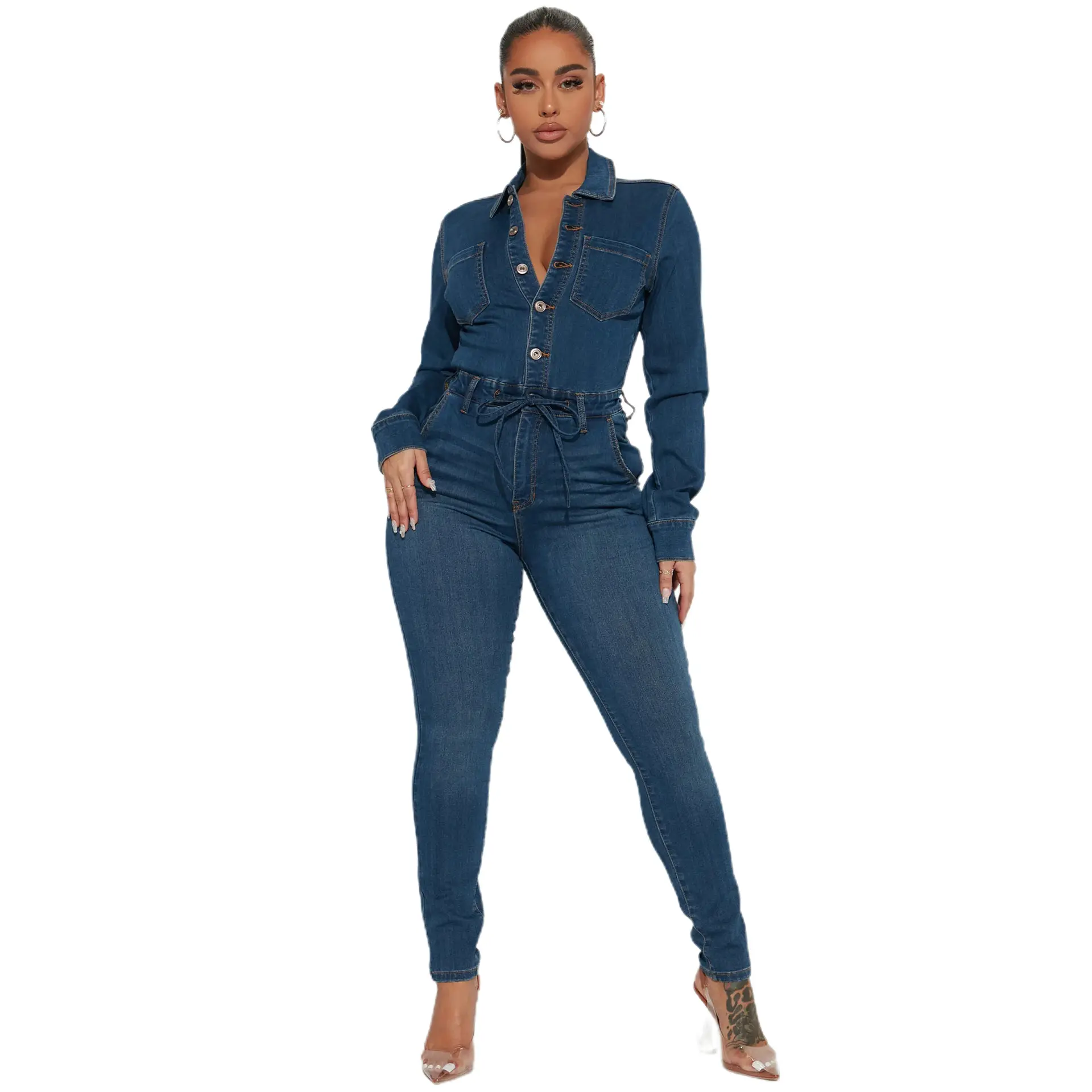 Demin Jumpsuits Women Overalls One Piece Long Pants Y2k Streetwear Slim Mom Jeans Rompers Turn Down Collar High Waist Party Club