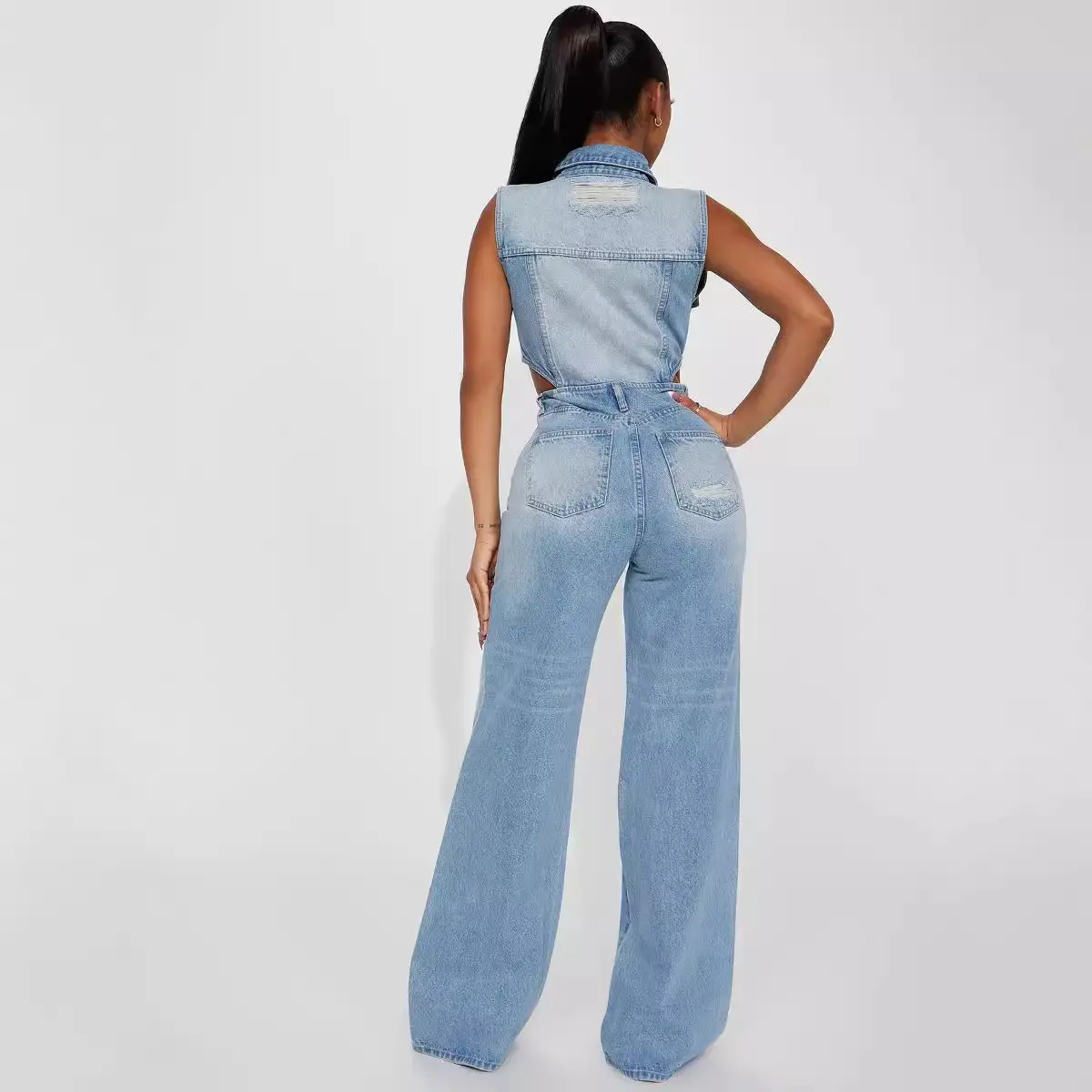 Demin Overalls Women Jumpsuits Sleeveless One Piece Long Pants Mom Jeans Y2k Blue High Waist Single Breasted Rompers Party Club