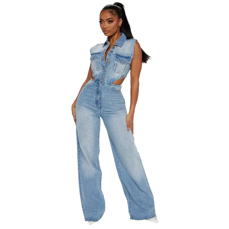 Demin Overalls Women Jumpsuits Sleeveless One Piece Long Pants Mom Jeans Y2k Blue High Waist Single Breasted Rompers Party Club