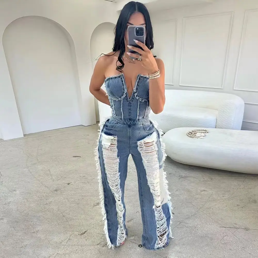 Jumpsuits Women One Piece Strapless Denim Overalls Hole Long Pants Mom Jeans Sexy High Waist Rompers Y2k Streetwear Party