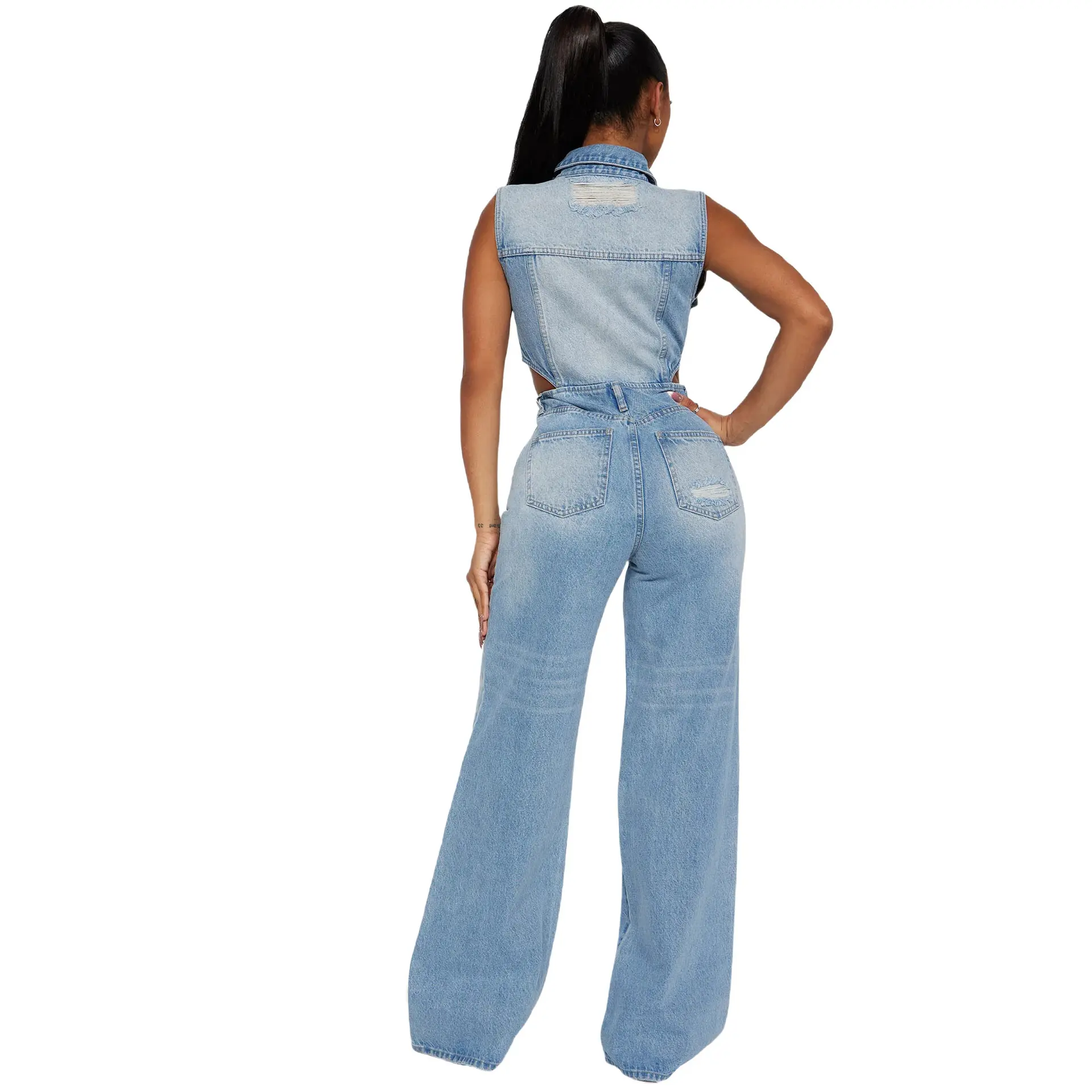 Demin Overalls Women Jumpsuits Sleeveless One Piece Long Pants Mom Jeans Y2k Blue High Waist Single Breasted Rompers Party Club