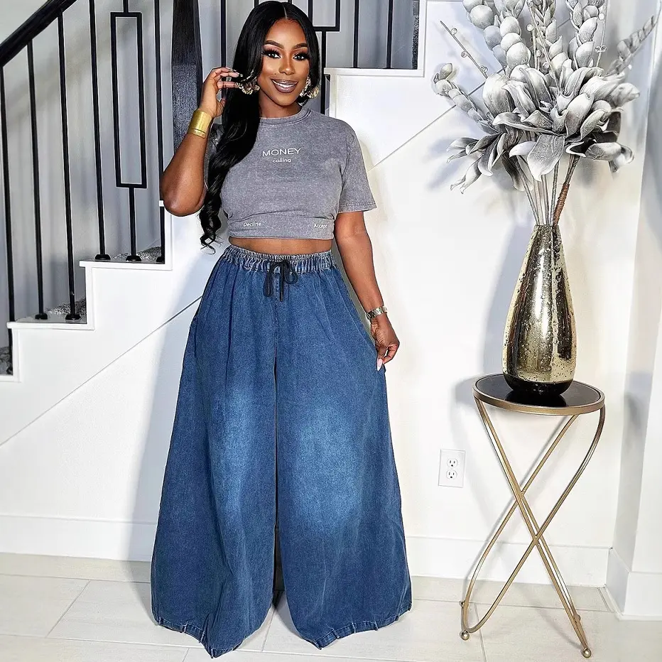 Denim Pant Women Mom Jeans Wide Leg Long Pants Lace Up High Elastic Waist Straight Trousers Y2k Streetwear Elegant Splice Work