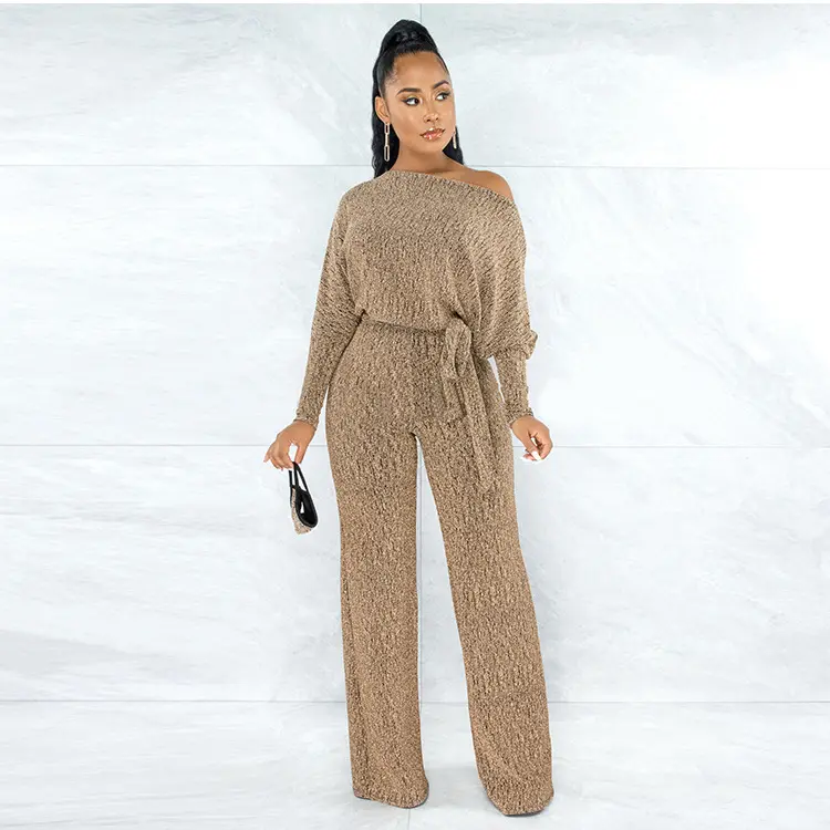 Jumpsuits Women 2022 Spring Long Sleeve High Waist Loose Belt Wide Leg Jumpsuit Elegant Office Ne Piece Outfit Party Overalls