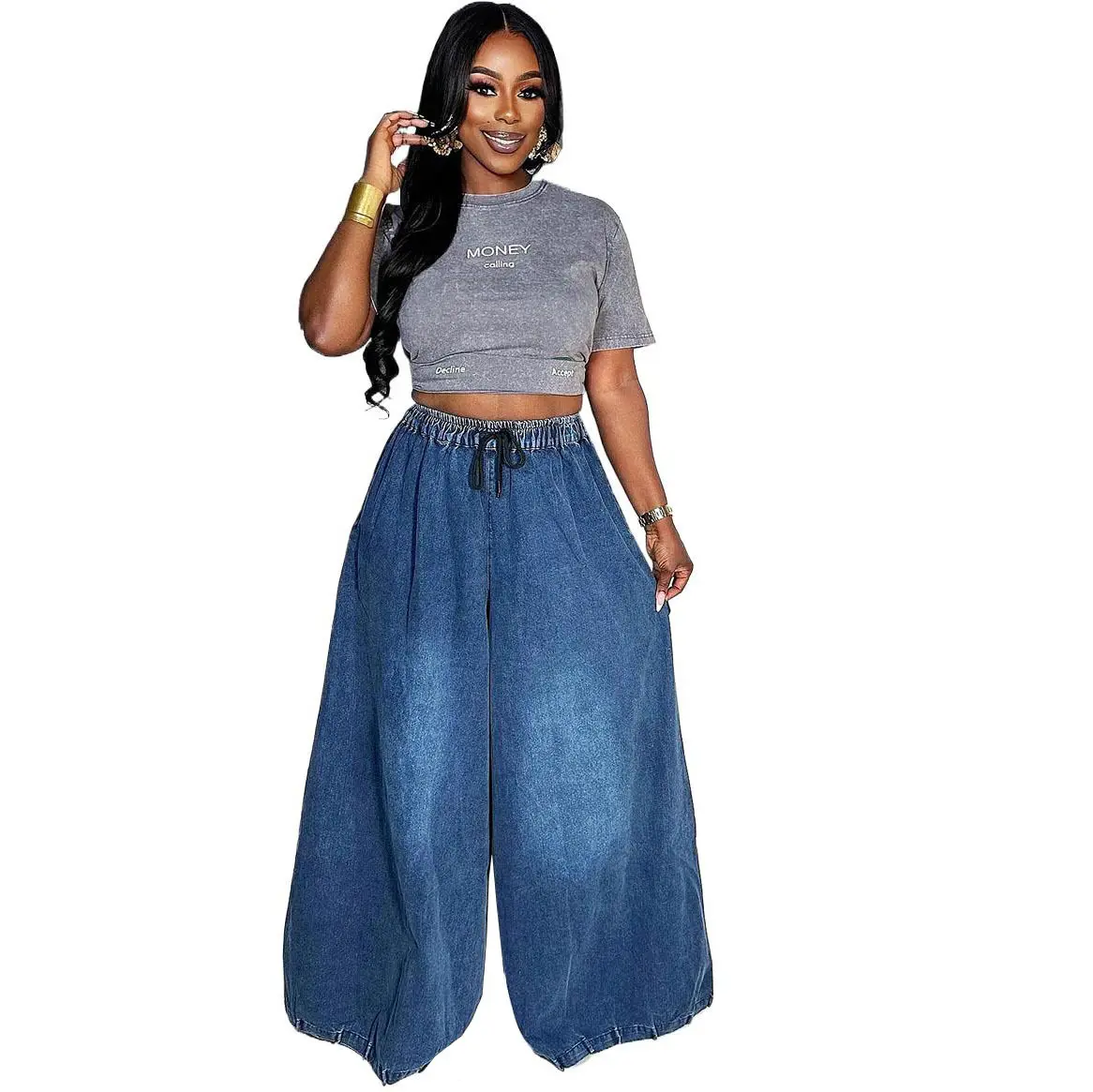 Denim Pant Women Mom Jeans Wide Leg Long Pants Lace Up High Elastic Waist Straight Trousers Y2k Streetwear Elegant Splice Work