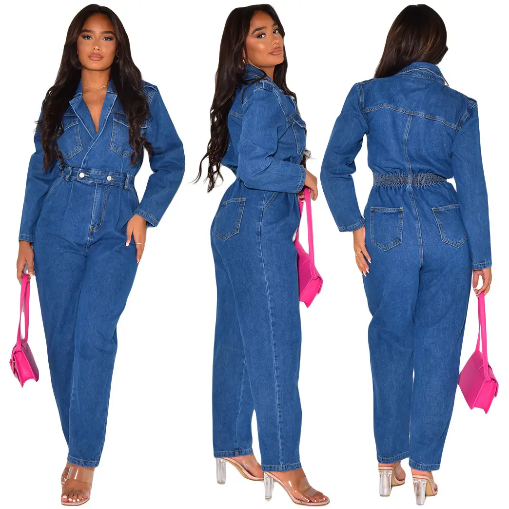 Demin Overalls Women Jumpsuits One Piece Long Pants Turn Down Collar High Waist Streetwear Y2k Mom Jeans Slim Fit Rompers