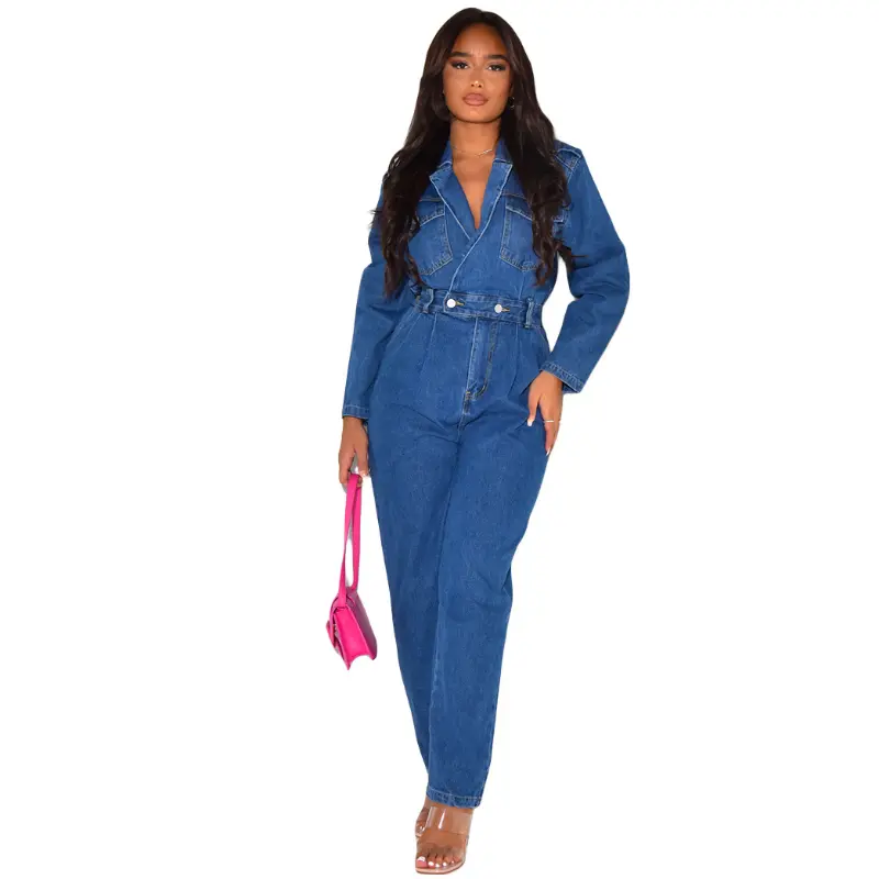 Demin Overalls Women Jumpsuits One Piece Long Pants Turn Down Collar High Waist Streetwear Y2k Mom Jeans Slim Fit Rompers
