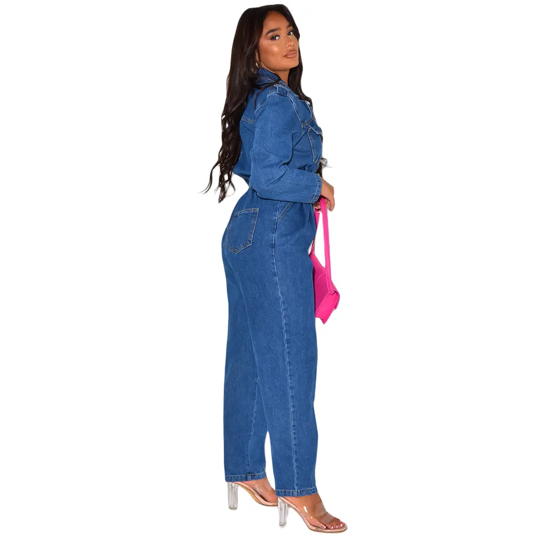 Demin Overalls Women Jumpsuits One Piece Long Pants Turn Down Collar High Waist Streetwear Y2k Mom Jeans Slim Fit Rompers