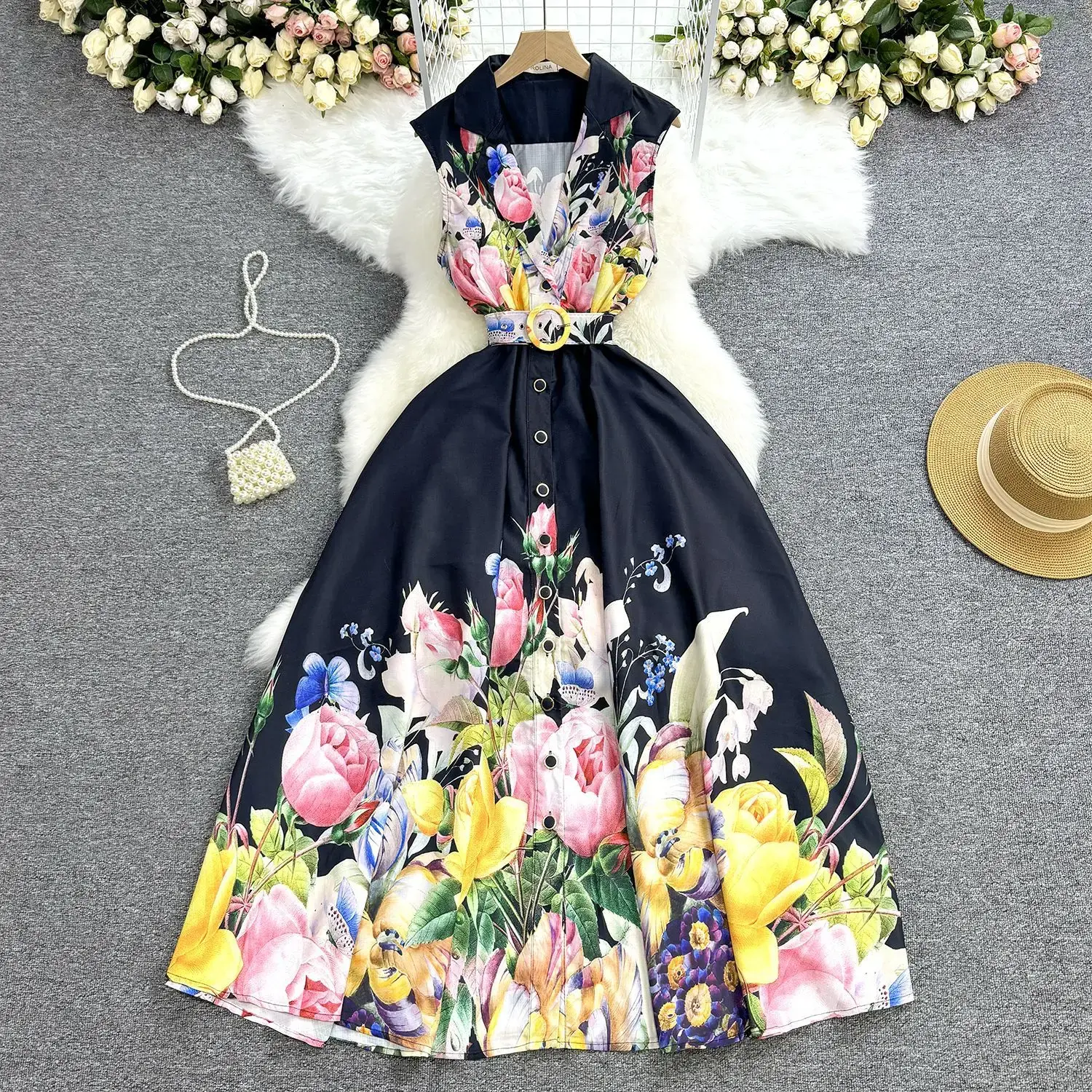 Print Dress Women Long Dresses Sleeveless Single Breasted Ankle Length Vestidos Loose Maxi High Street Turn Down Collar Party