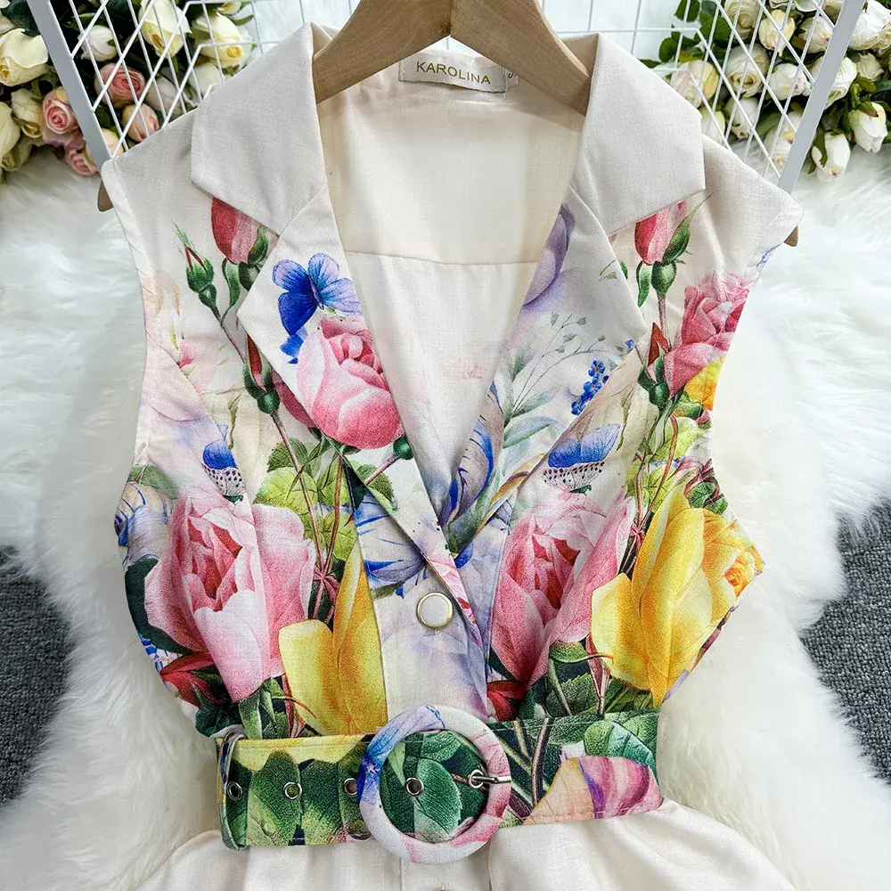 Print Dress Women Long Dresses Sleeveless Single Breasted Ankle Length Vestidos Loose Maxi High Street Turn Down Collar Party